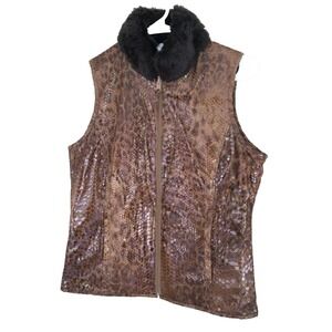 Chicos Brown Snakeskin Reversible Vest Size XS Faux Fur Collar Career Casual NEW